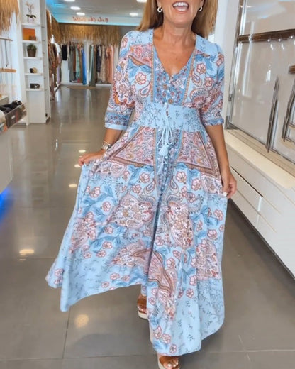 Solis | Women's Paisley Maxi Dress V-Neck 3/4 Sleeve Boho