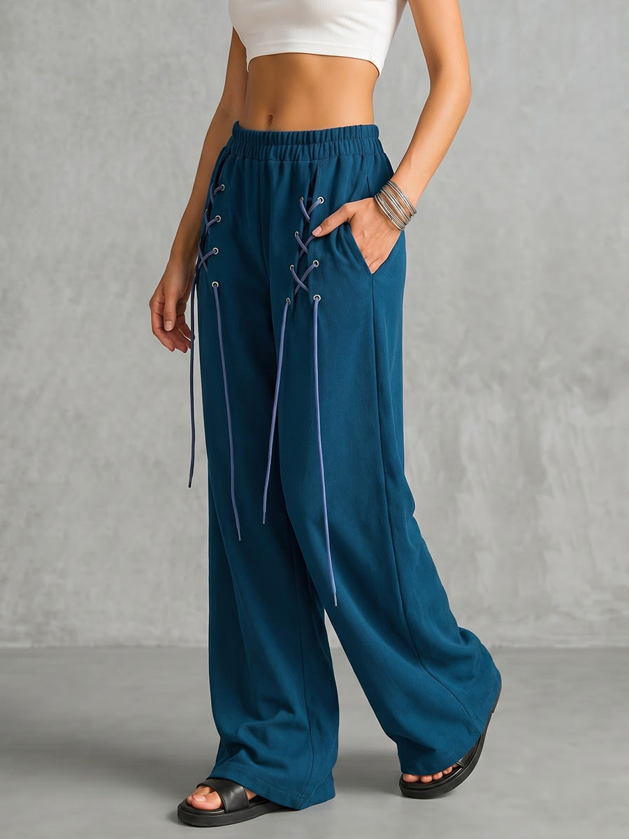Loose Wide Leg Drawstring Elasticity Pockets Solid Color Pants Trousers