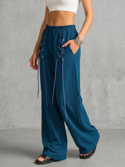 Loose Wide Leg Drawstring Elasticity Pockets Solid Color Pants Trousers