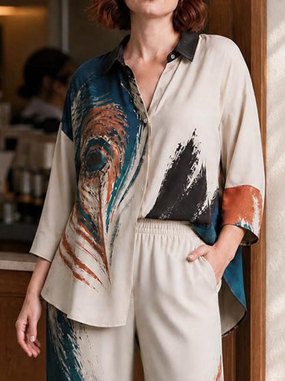 Contrast Color Buttoned Three-quarter Sleeves Loose Lapel Blouses&shirts Tops