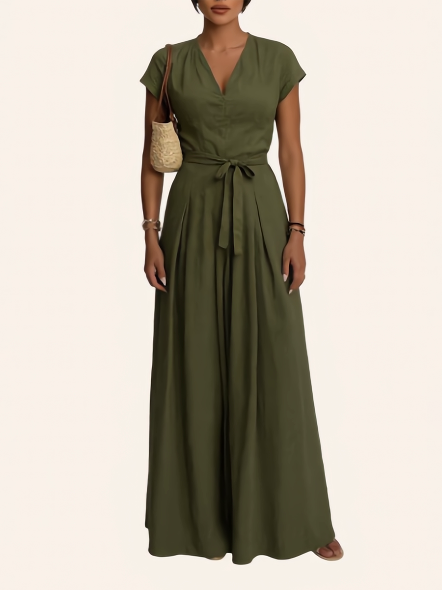 High Waisted Short Sleeves Pleated Pockets Solid Color Tied Waist V-Neck Jumpsuits