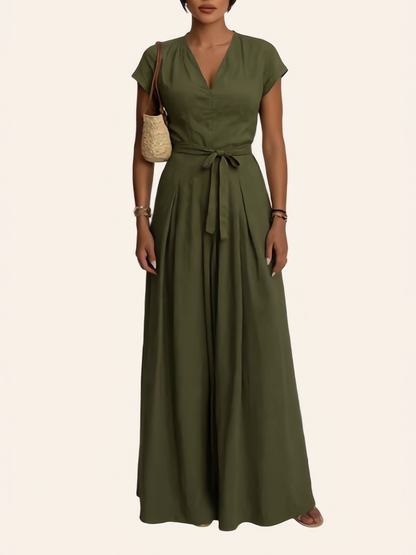 High Waisted Short Sleeves Pleated Pockets Solid Color Tied Waist V-Neck Jumpsuits