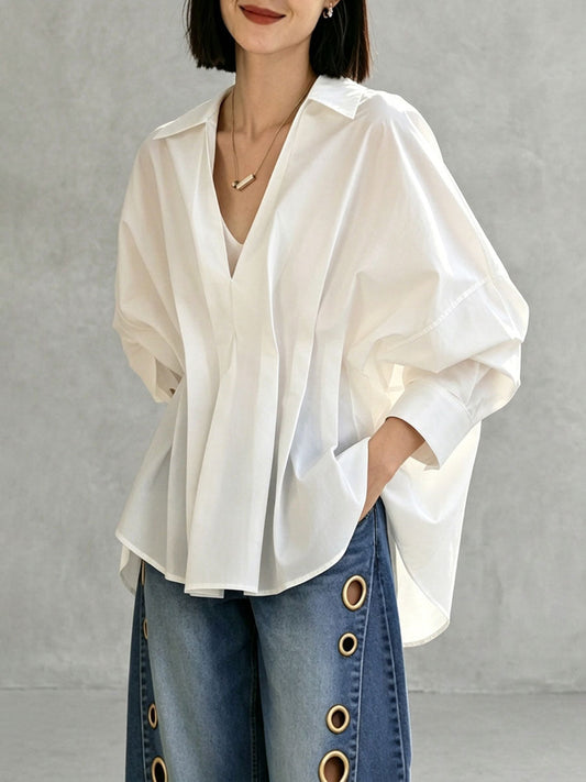 High-Low Long Sleeves Pleated Solid Color Split-Joint Lapel Blouses&Shirts Tops