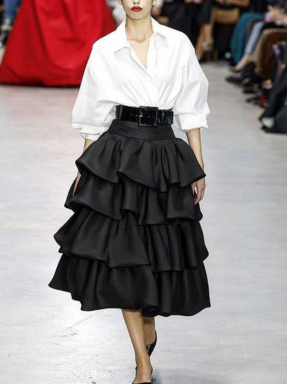 A-line Loose Falbala Layered Solid Color Skirts Bottoms