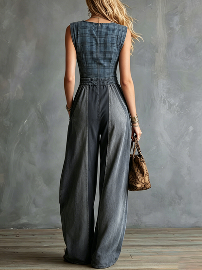 High Waisted Sleeveless Contrast Color Elasticity Pockets Split-Joint Zipper Square-Neck Jumpsuits
