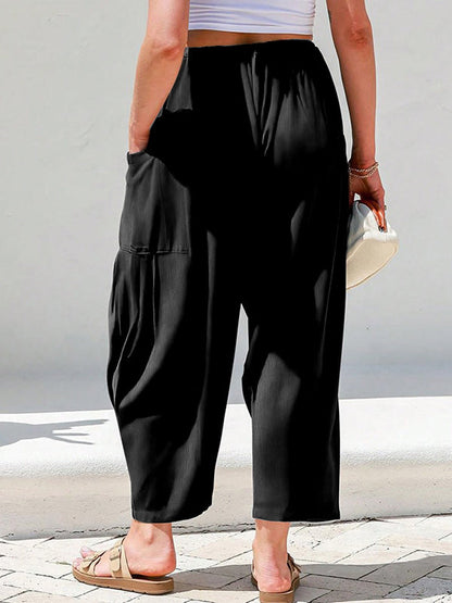 Column Loose Elasticity Pockets Solid Color Casual Pants Bottoms Trousers