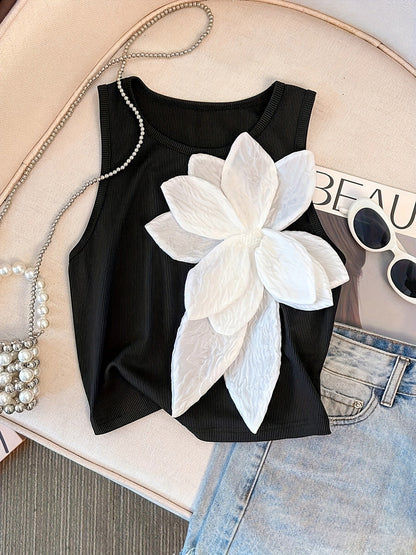 Sleeveless Shiny Solid Color Three-Dimensional Flower V-Neck Tank Top