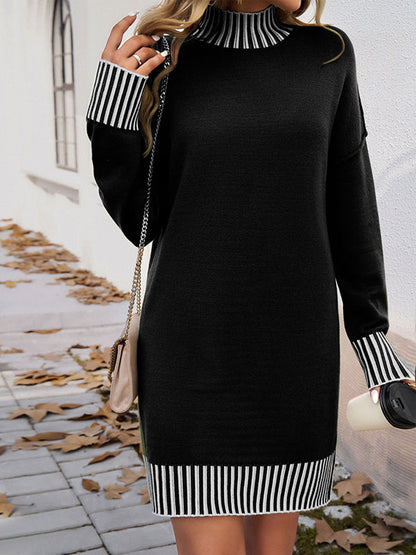 Long Sleeves Loose Contrast Color Split-Joint Mock Neck Mini Dresses Sweater Dresses