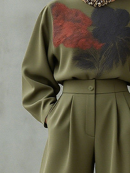 Long Sleeves Floral Printed Split-Joint Round-Neck Blouses&Shirts Tops