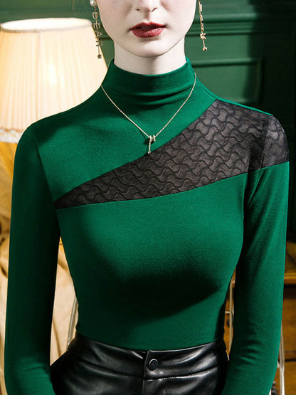 Split-Joint See-Through Skinny Leg Plus Size Mock Neck T-Shirts Tops