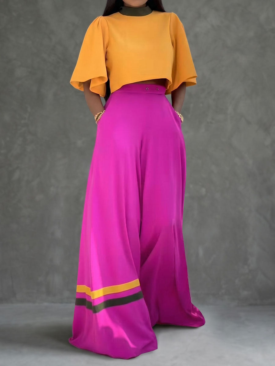 Cropped Flared Sleeves Contrast Color Pleated Stand Collar Blouses&Shirts Tops