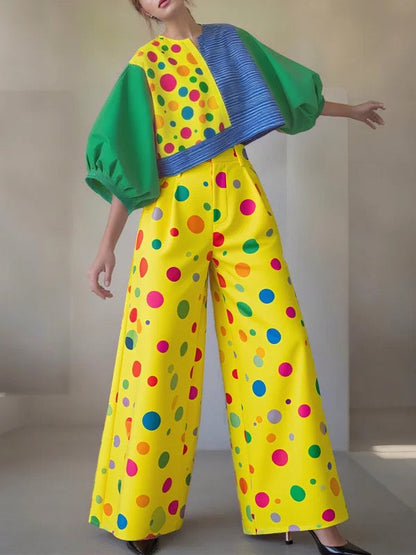 High Waisted Loose Contrast Color Pockets Polka-Dot Pants Trousers