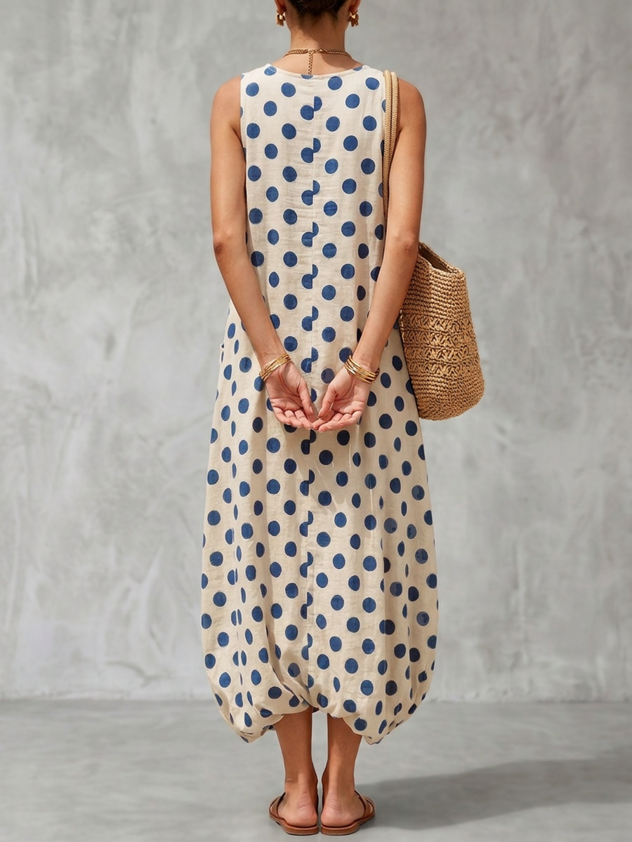 Loose Sleeveless Contrast Color Pockets Polka-Dot V-Neck Maxi Dresses