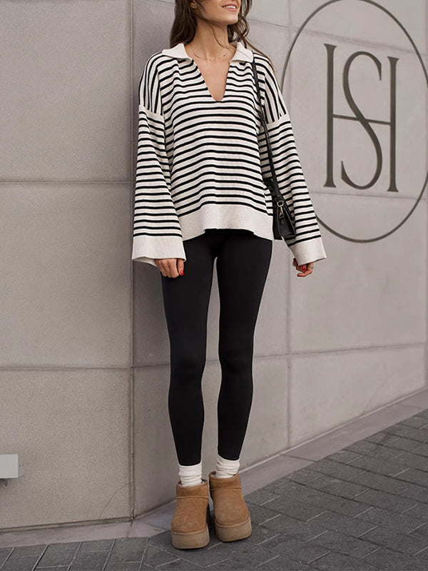 Long Sleeves Loose Split-Joint Striped Lapel Sweater Tops
