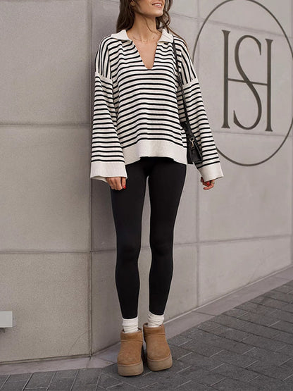 Long Sleeves Loose Split-Joint Striped Lapel Sweater Tops