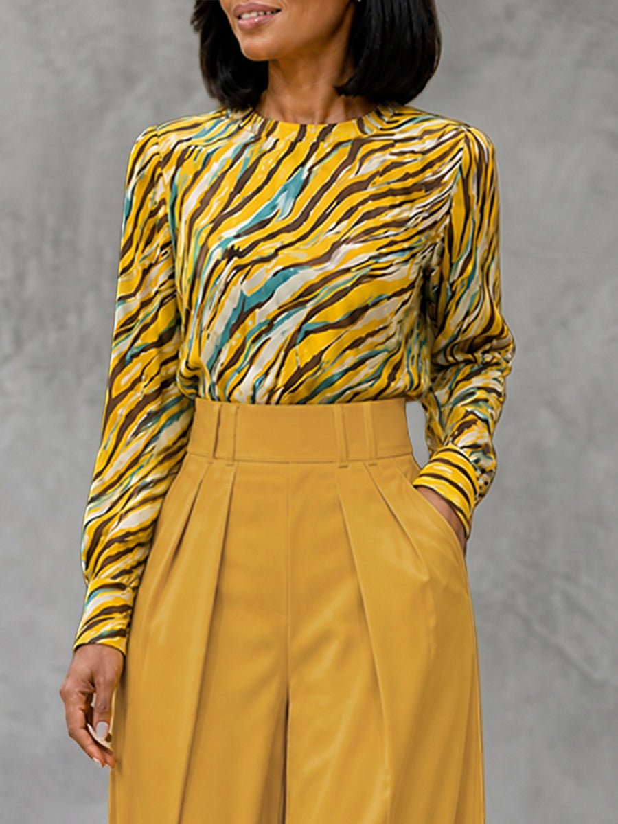 Wave Print Tiger Printed Contrast Color Long Sleeves Round-neck Blouses&shirts Tops