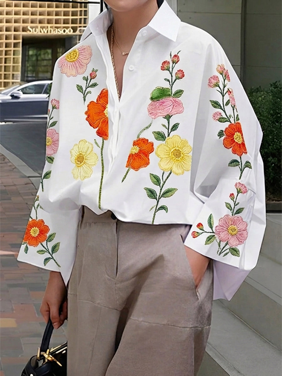 Long Sleeves Loose Buttoned Contrast Color Flower Print Lapel Blouses&Shirts Tops