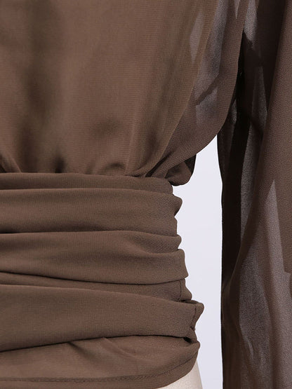 Long Sleeves Loose Pleated See-Through Solid Color Tied Waist Hooded Blouses&Shirts Tops