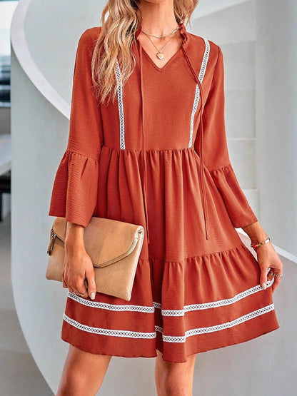 Flared Sleeves High Waisted Pleated Split-Joint V-Neck Mini Dresses