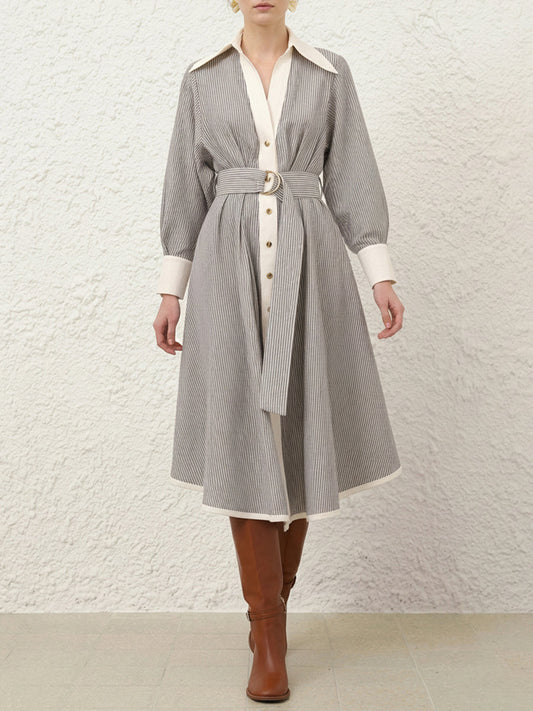 A-Line Elasticated Waist Belted Buttoned Contrast Color Split-Side Striped Lapel Midi Dresses