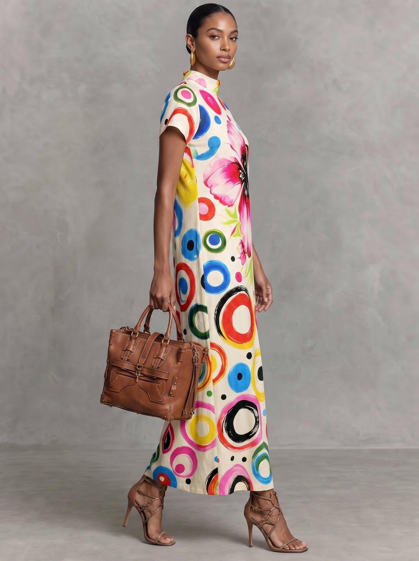 Zipper Polka-Dot Flower Print Contrast Color Short Sleeves Loose Mock Neck Maxi Dresses