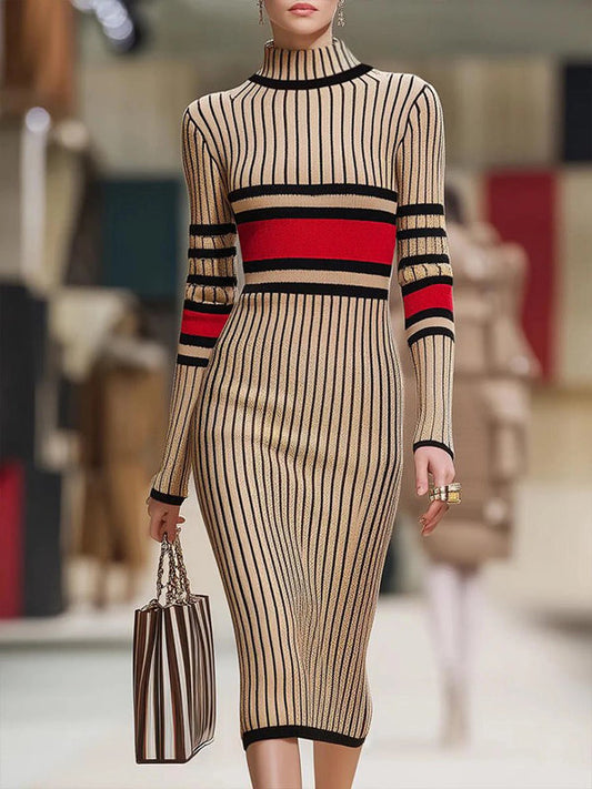 Long Sleeves Skinny Contrast Color Striped High Neck Midi Dresses Sweater Dresses