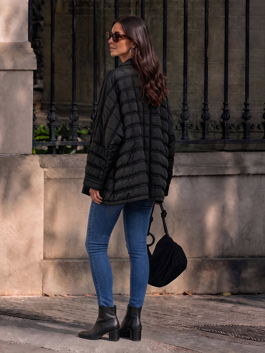 Striped Split-Joint Pockets Pleated Buttoned Loose Long Sleeves V-neck Outerwear Down Coat