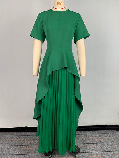 Robe longue trapèze taille haute plissée couleur unie à col rond et fente 