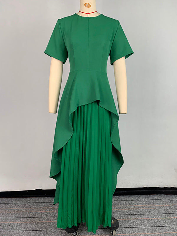 Robe longue trapèze taille haute plissée couleur unie à col rond et fente 