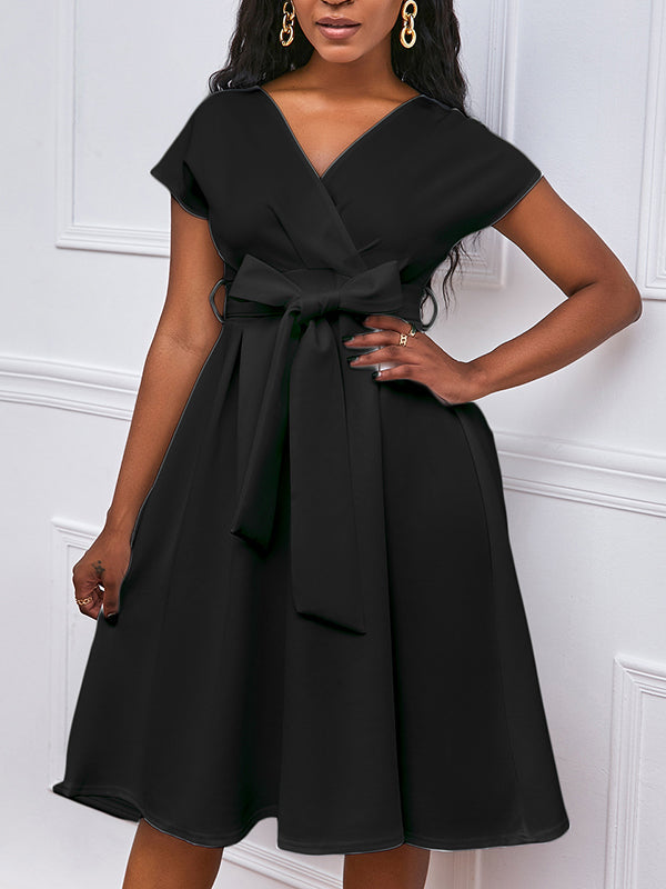 Einfarbige Midikleider mit Schleife und V-Ausschnitt 