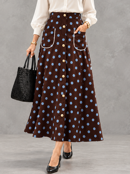 Polka-Dot Pockets Elasticity Contrast Color Buttoned High Waisted A-line Skirts Bottoms