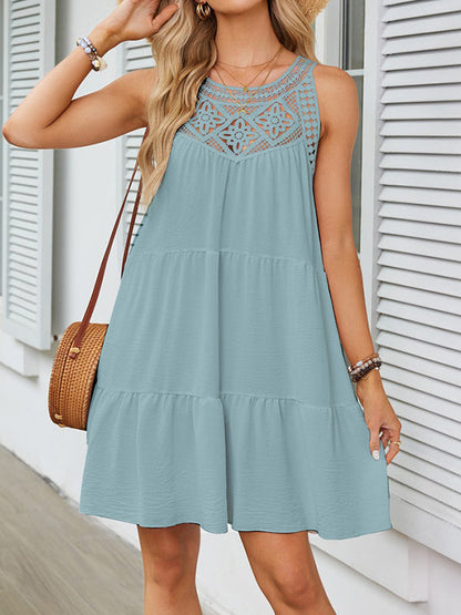 A-Linie Locker Hohl Plissee Einfarbig Split-Joint Rundhals Minikleider 