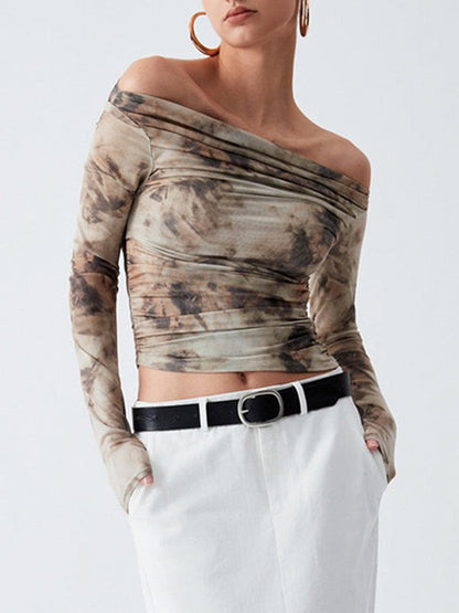Long Sleeves Skinny Pleated Split-Joint Tie Dye Off-The-Shoulder T-Shirts Tops