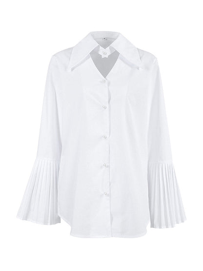 Flared Sleeves Long Sleeves Buttoned Hollow Pleated Solid Color Split-Joint Lapel Blouses&Shirts Tops