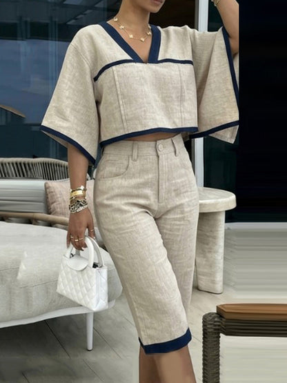Contrast Color Cropped Batwing Sleeves V-Neck Blouses&Shirts Tops + Buttoned No Belt Pockets Cropped Trousers Two Pieces Set