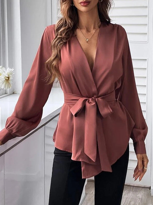 Loose Puff Sleeves Pleated Solid Color Split-Joint Tied Waist V-Neck Blouses&Shirts Tops