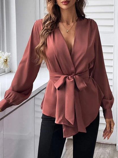 Loose Puff Sleeves Pleated Solid Color Split-Joint Tied Waist V-Neck Blouses&Shirts Tops