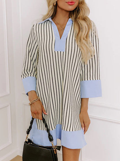 Loose Three-Quarter Sleeves Contrast Color Striped Stand Collar Mini Dresses