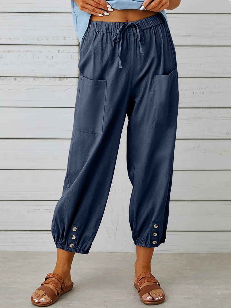 Solid Color Pockets Elasticity Drawstring Buttoned Plus Size High Waisted Trousers Ninth Pants