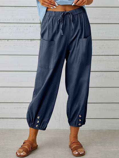 Solid Color Pockets Elasticity Drawstring Buttoned Plus Size High Waisted Trousers Ninth Pants