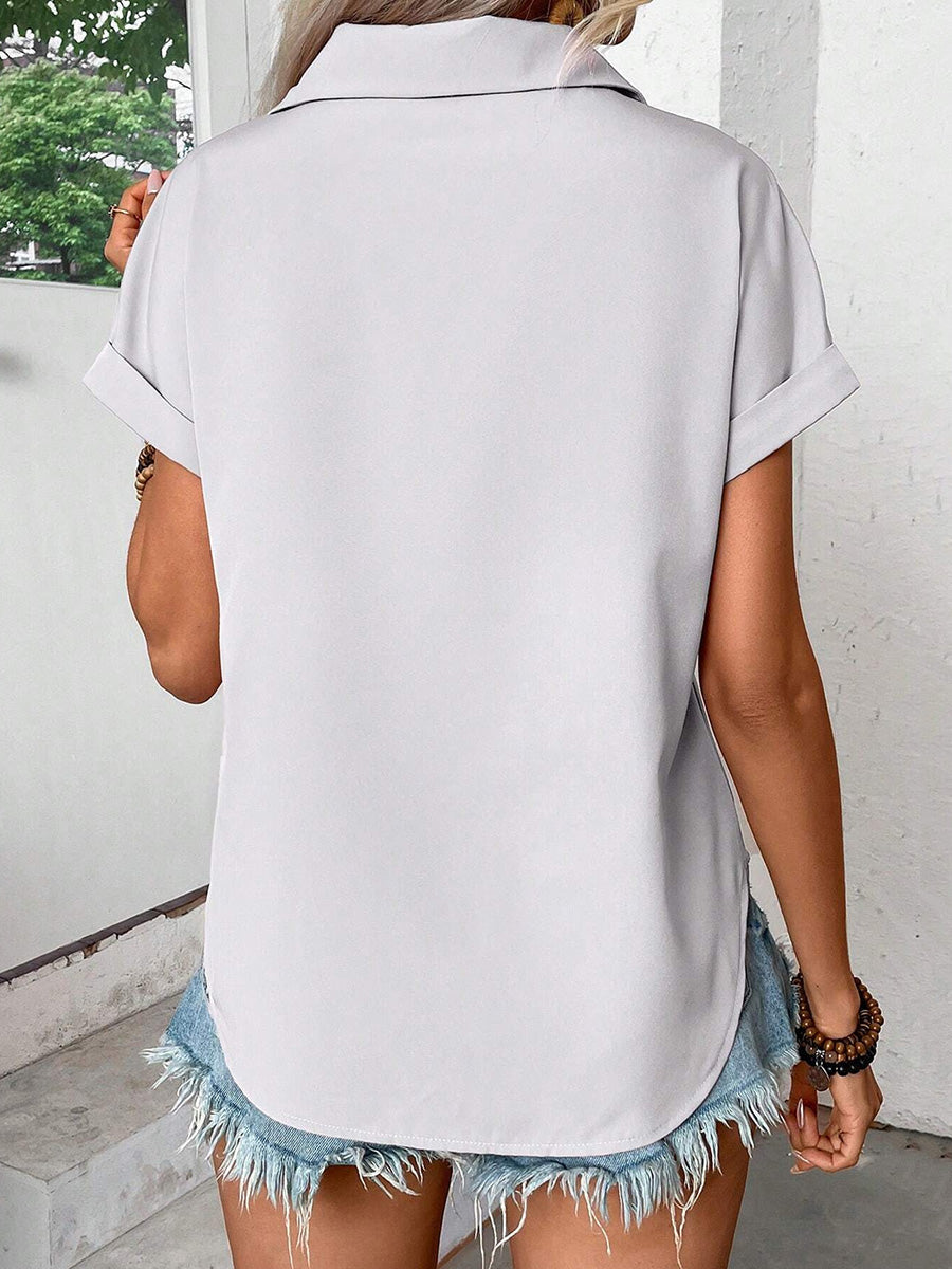 Loose Short Sleeves Buttoned Pleated Solid Color Lapel Blouses&Shirts Tops