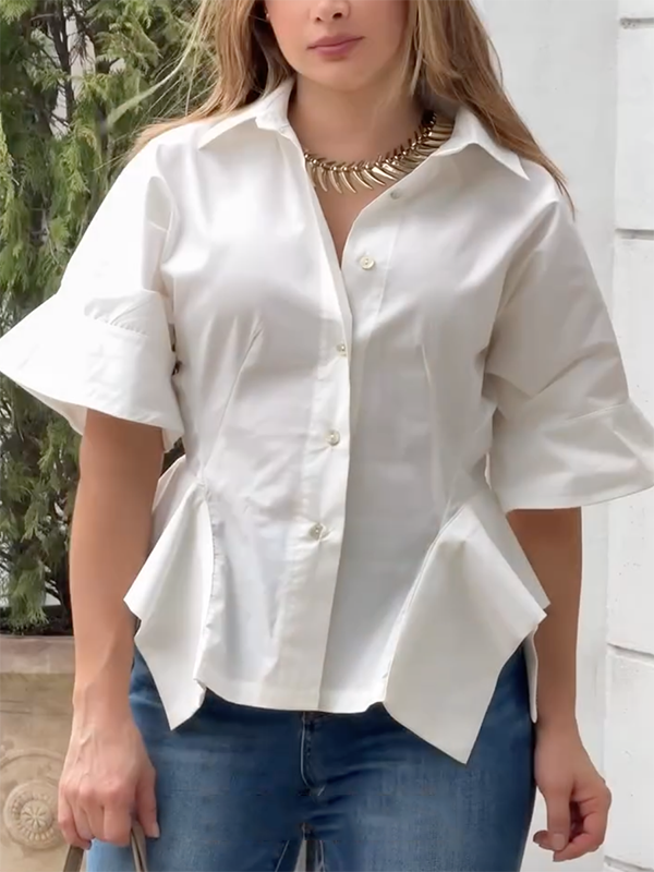 Half Sleeves Loose Buttoned Solid Color Lapel Blouses&Shirts Tops