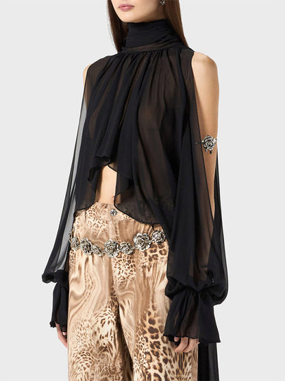 High-Low Long Sleeves Elasticity Hollow Pleated Solid Color Mock Neck Blouses&Shirts Tops