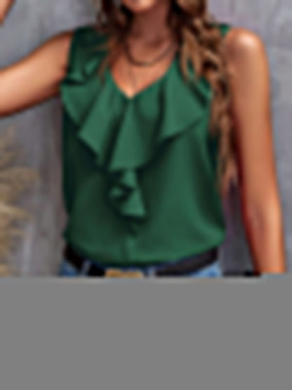 Loose Sleeveless Ruffled Solid Color V-Neck Vest Top