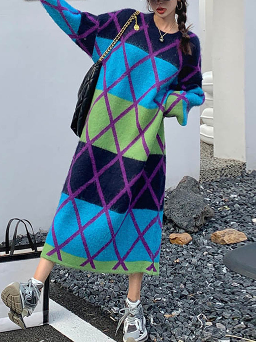 Long Sleeves Loose Contrast Color Plaid Split-Joint Round-Neck Midi Dresses Sweater Dresses