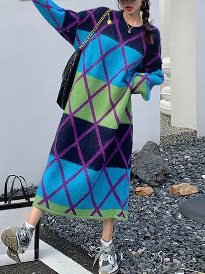Long Sleeves Loose Contrast Color Plaid Split-Joint Round-Neck Midi Dresses Sweater Dresses