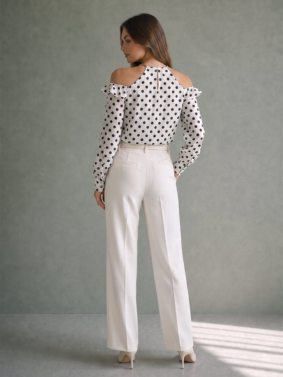 Ruffled Polka-Dot Long Sleeves Halter-Neck Blouses&shirts Tops