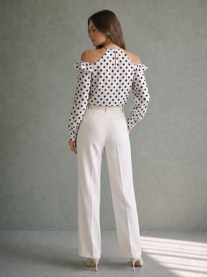 Ruffled Polka-Dot Long Sleeves Halter-Neck Blouses&shirts Tops