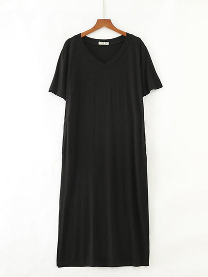 Simple Short Sleeves Loose Split-Side Solid Color V-Neck Pajamas Dress