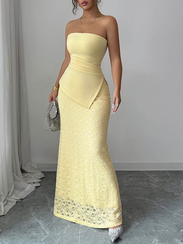 Bodycon Irregularity Lacy Pleated Solid Color Split-Joint Tube Maxi Dresses